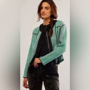 Free People One Tavi Quilted Jacket Hood Stitching Zip Up Snap Green Bla…